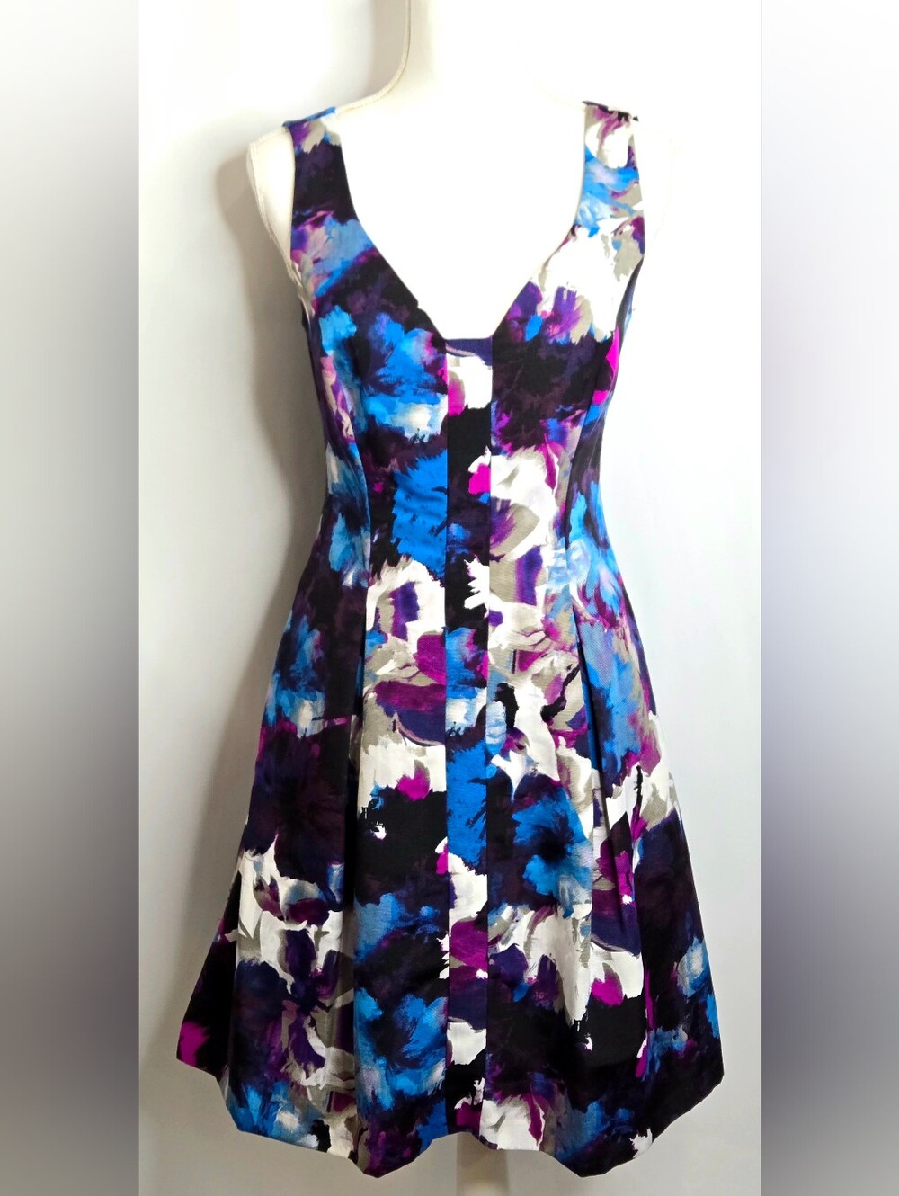 Adrianna Papell Watercolor Floral Fit Flare Pleated Wedding Guest Dress NWOT 8